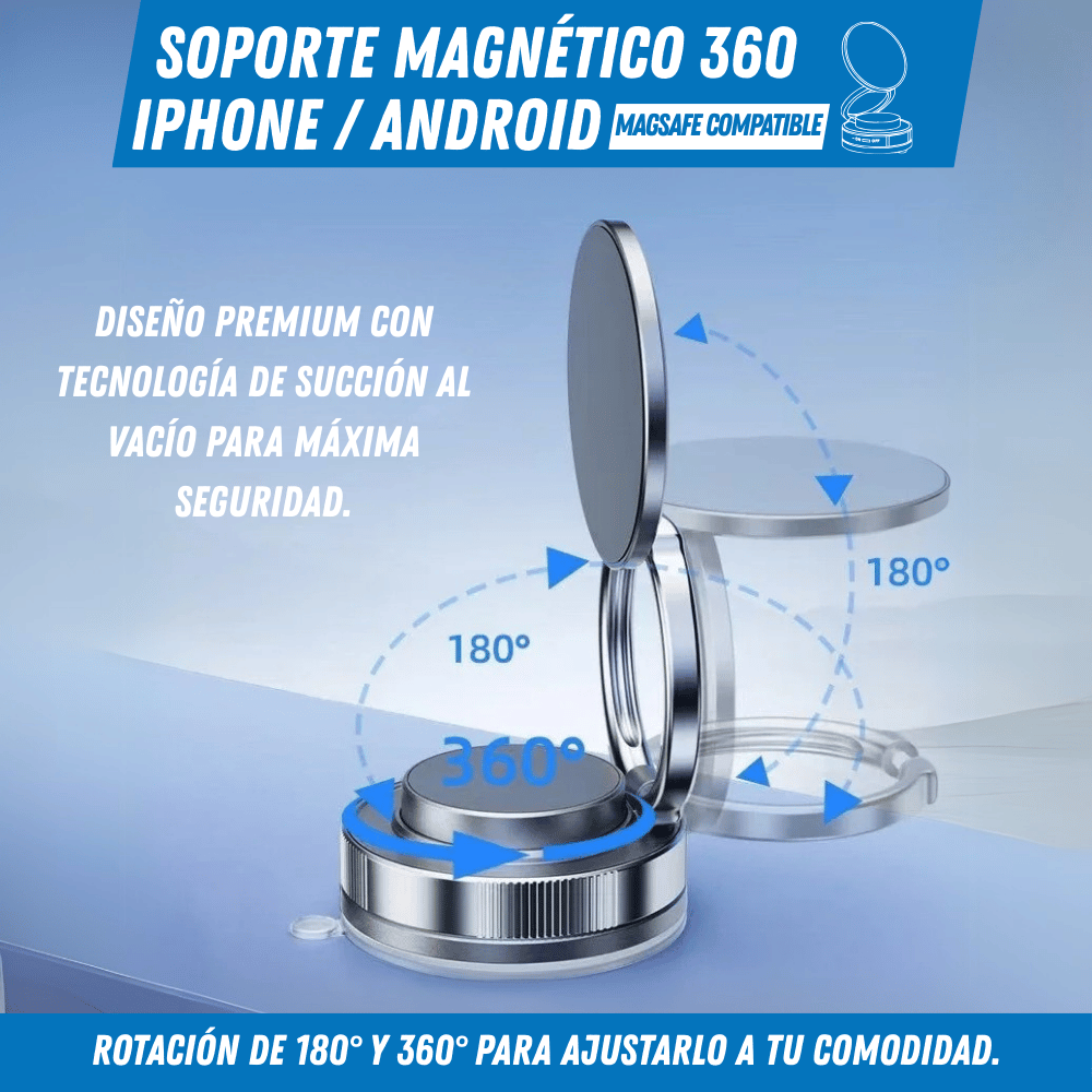 Soporte Magnético 360° con Ventosa – Fijación Súper Segura para Móvil en cualquier superficie